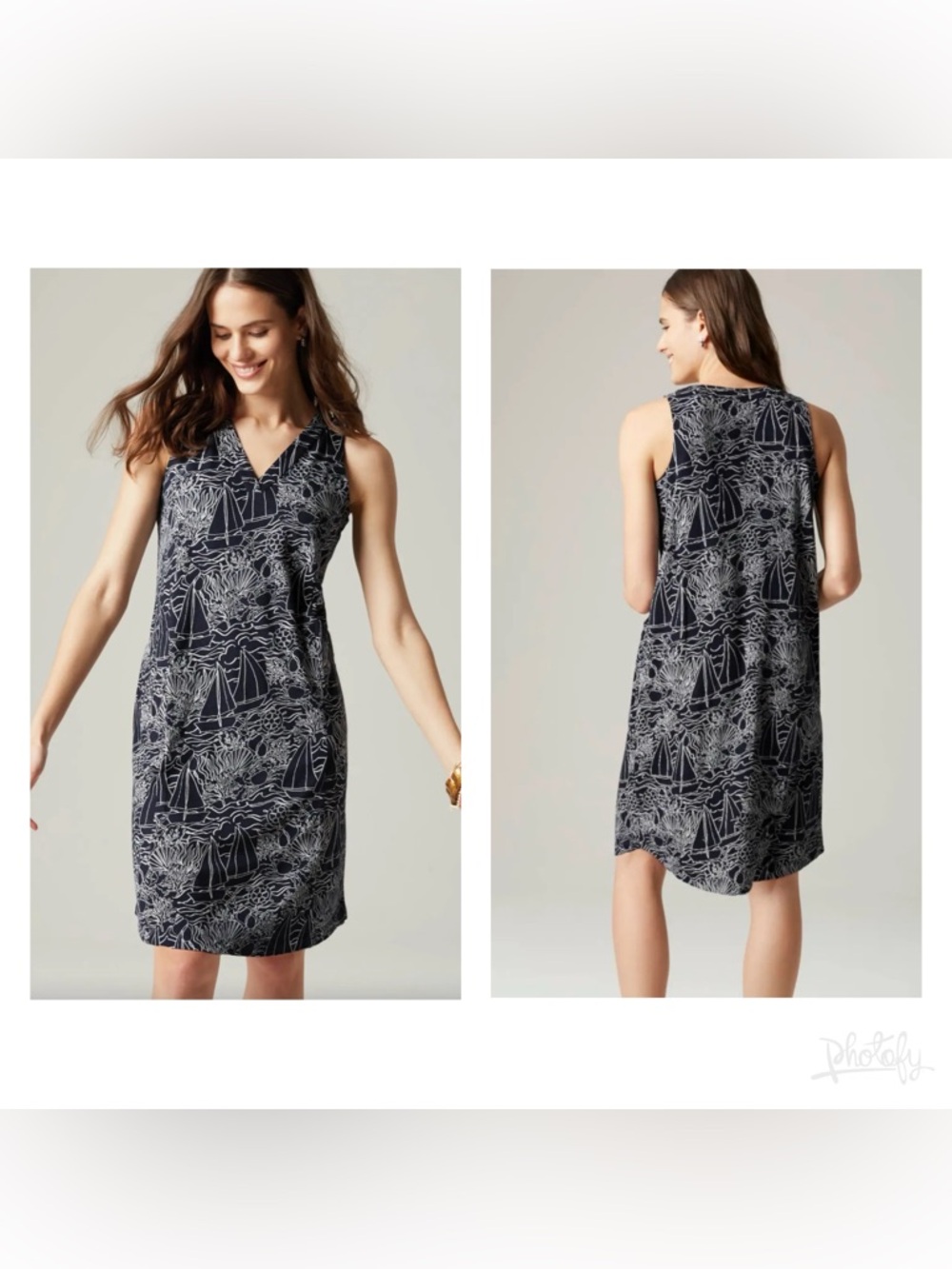J.Jill Navy Sleeveless V-Neck Shift Dress Sailboat Nautical Coastal Print Sz XL